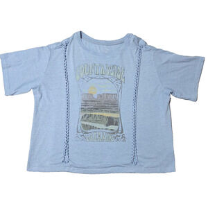 Cleo + Wolf "Countryside Dreamin" Blue Graphic T-Shirt - Braided Detail Size M
